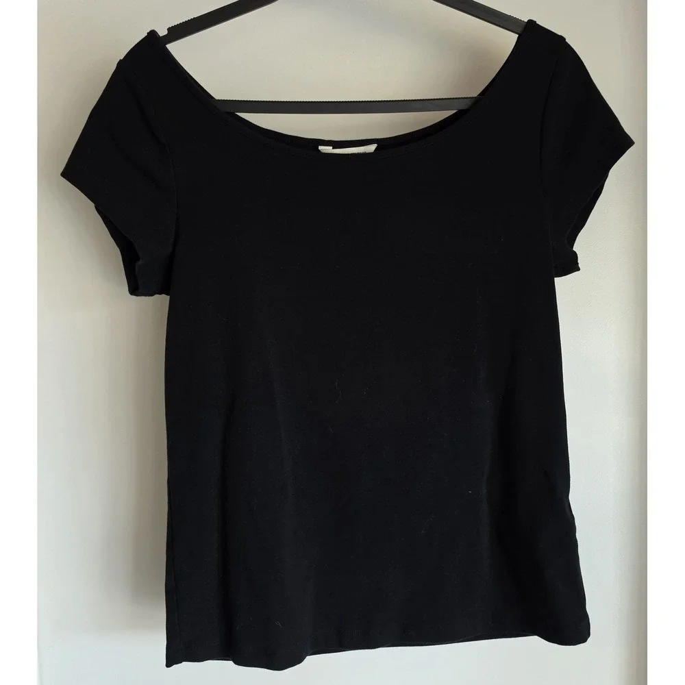 Banana Republic Women T-Shirt Size L Black Solid Short Sleeve Scoop Neck Top